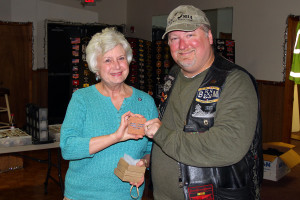 Andrea Lawrence and Jay Barnes, President, Rolling Thunder TN 1 - Special delivery of the chapter's mini bricks to say 'thanks'.